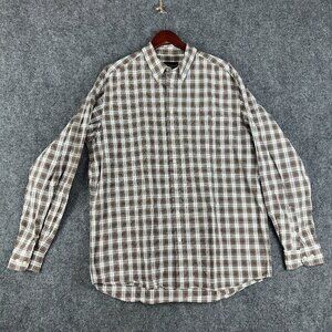 Eddie Bauer Shirt Mens Large Tall Brown White Plaid Cotton Pocket Button Down